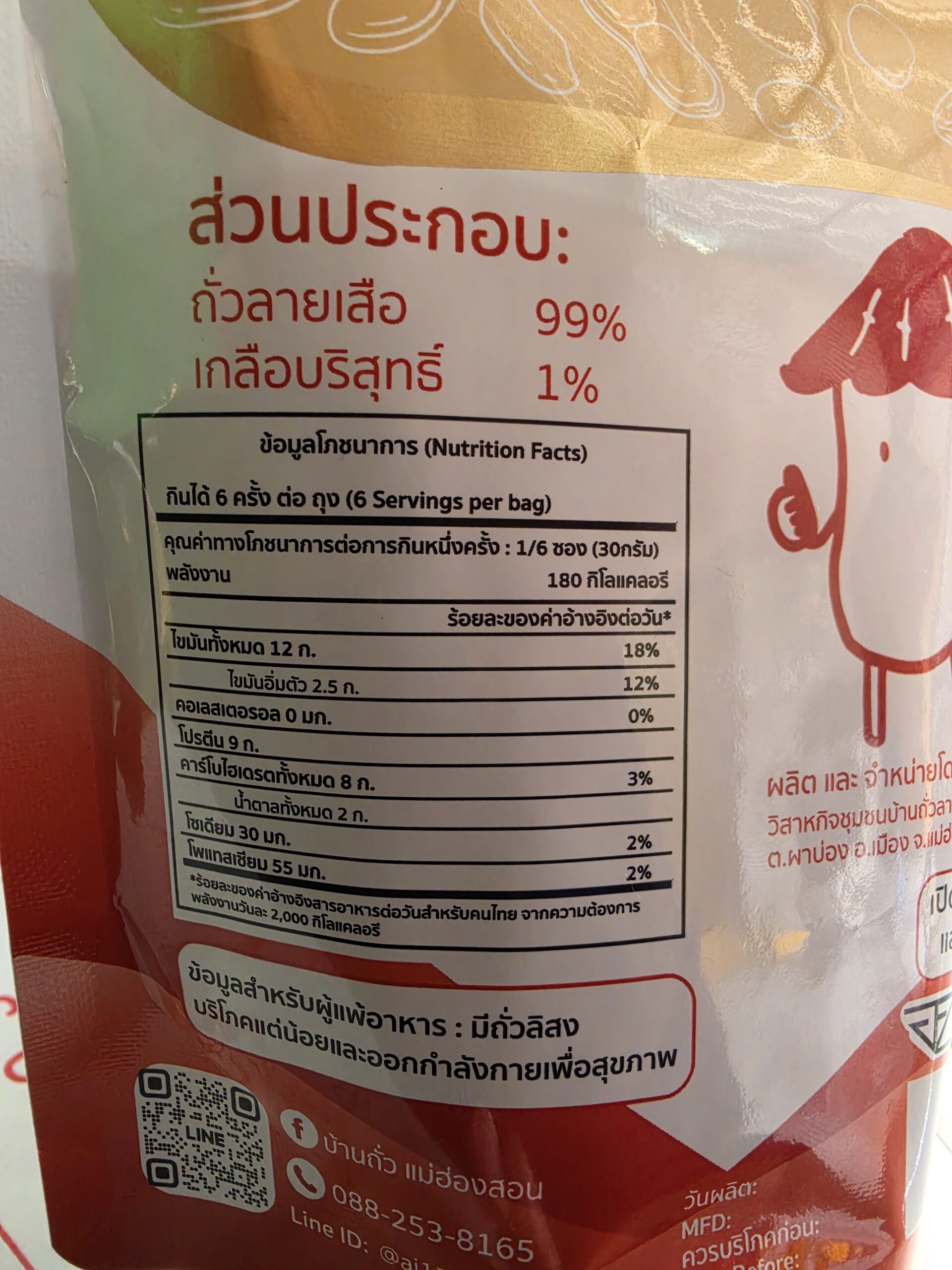 ส่วนประกอบและข้อมูลโภชนาการถั่วลายเสือคั่วกรอบ
